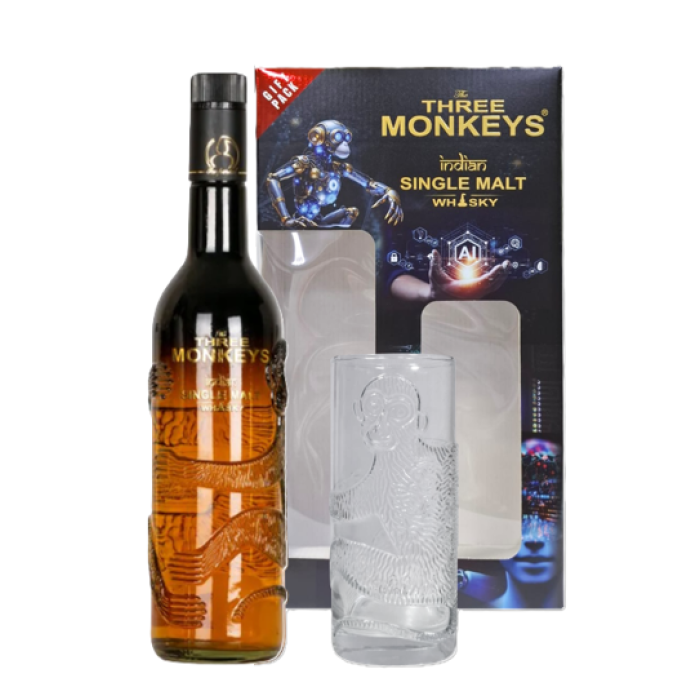The Three Monkeys Indian Single Malt Whisky With Gift Pack 75 cl Bottle